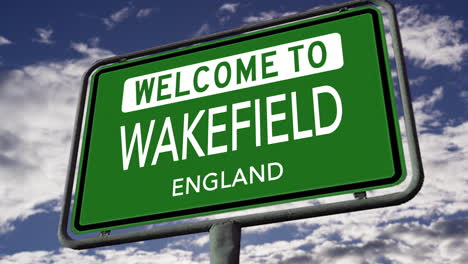 웨이크필드 (wakefield) 에 오신 것을 환영합니다.영국의 도시 도로 표지판, 현실적인 3d 애니메이션.