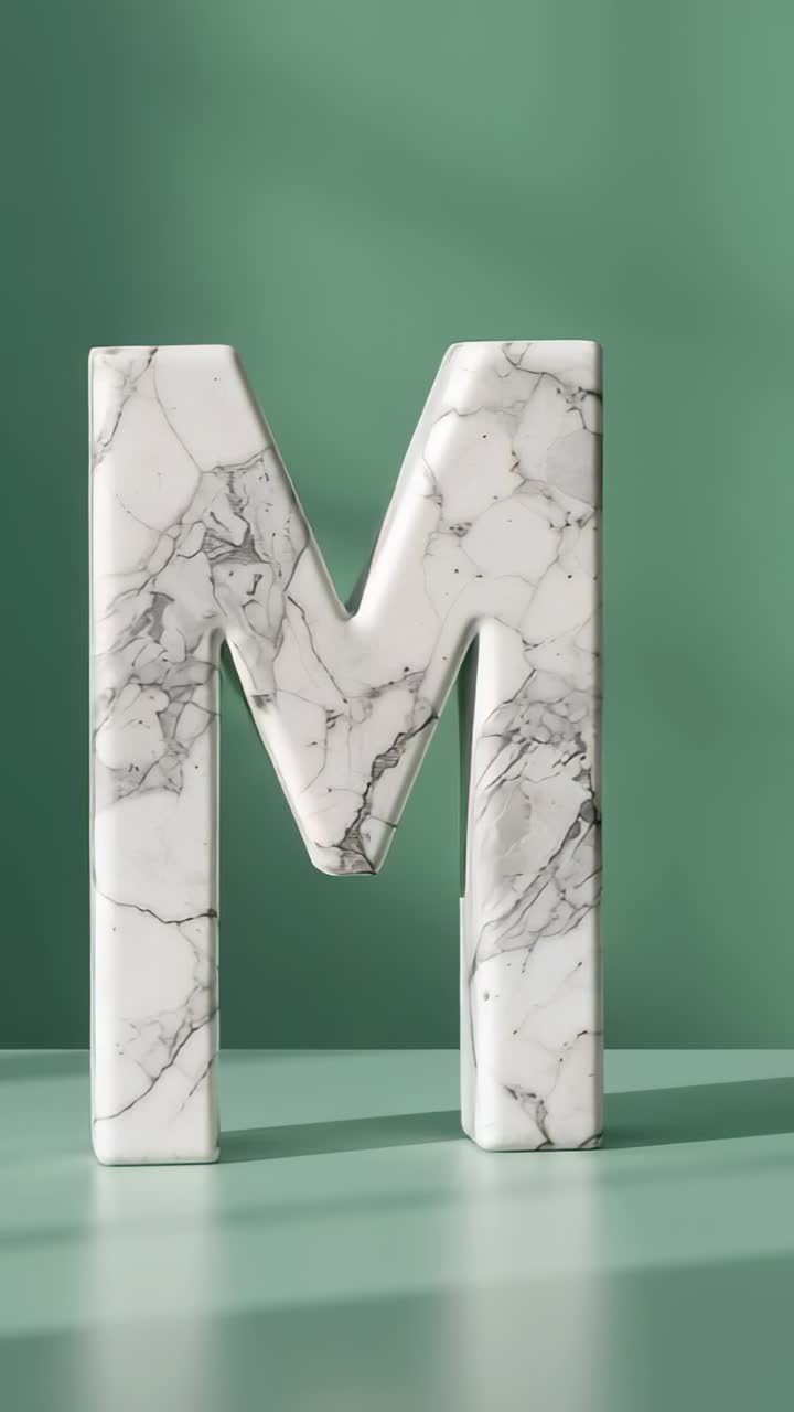 Vertical video: Stage lighting initiating slow spinning of marble letter M on green platform