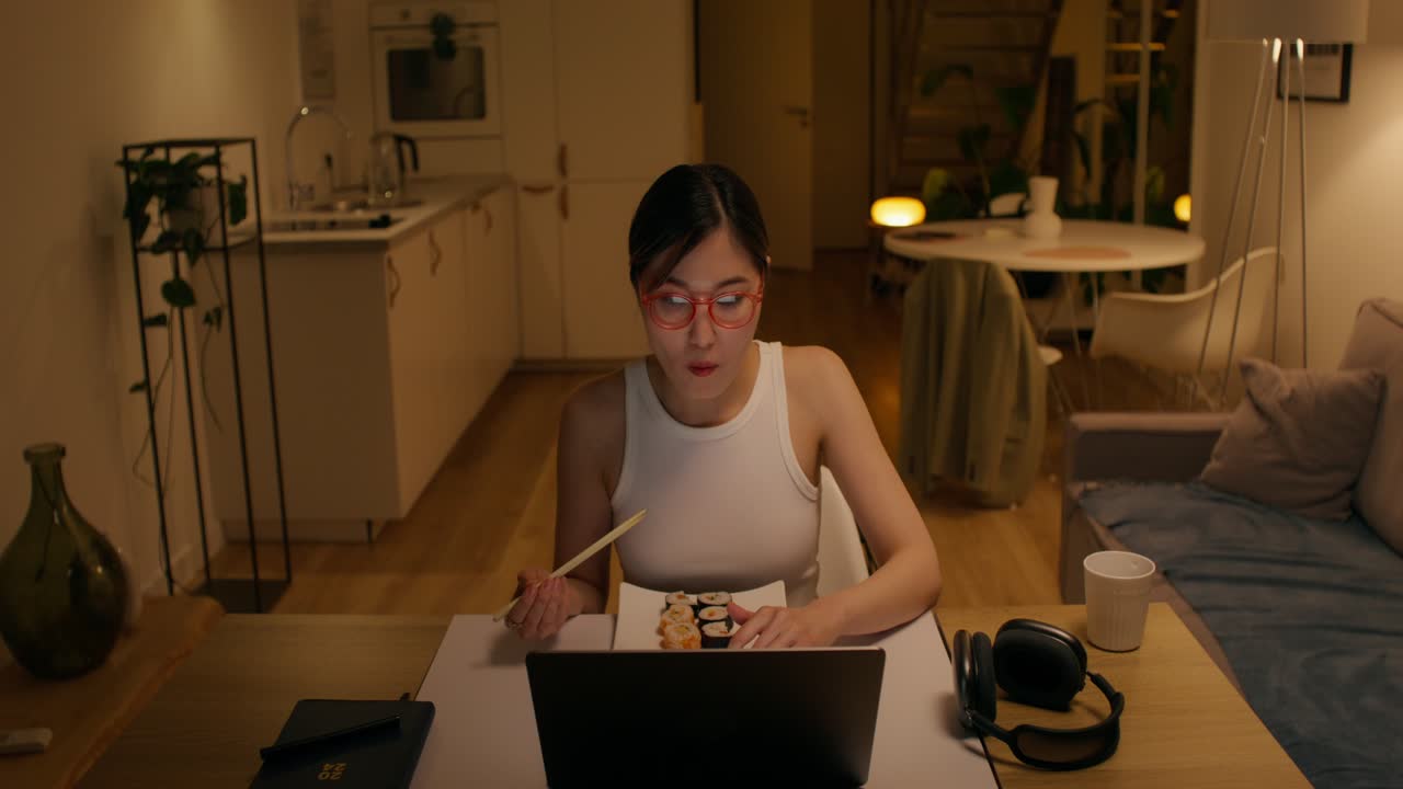mujer comiendo sushi mientras trabaja en la computadora portátil en casa por la noche
