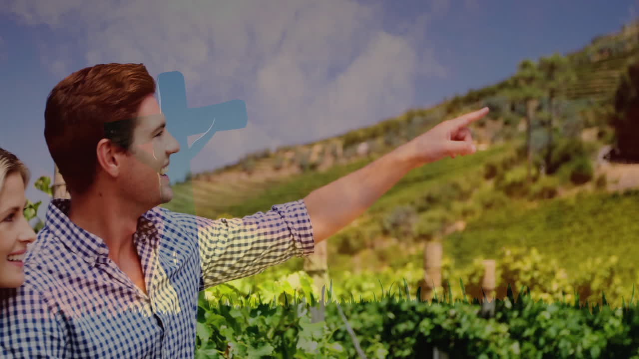 man pointing while woman observing in vineyard, with floating grape icons and growth chart overlay