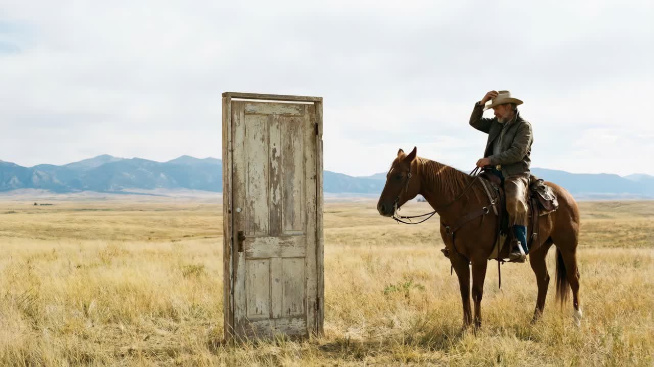 Cowboy a cavallo vicino a una porta in un campo