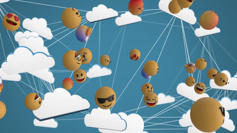 multiple face emojis floating against network of cloud icons against blue background