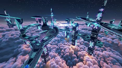 floating cyberpunk city above the clouds at night