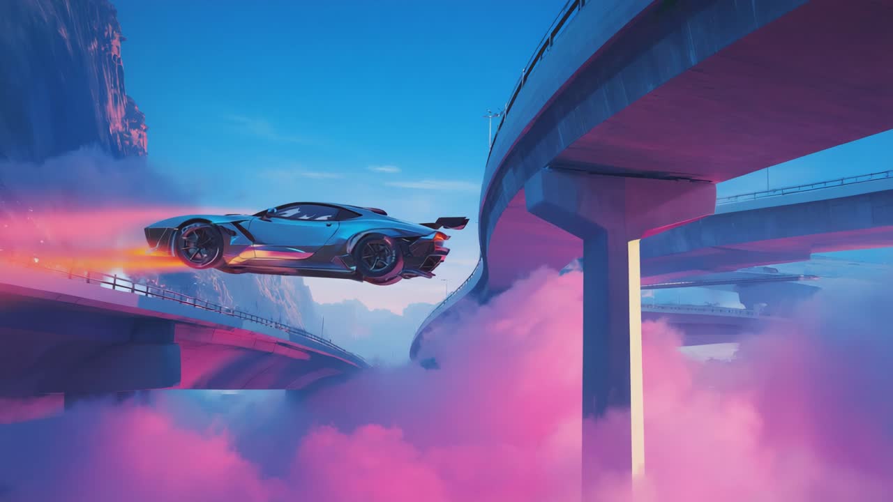 Futuristic Flying Car Over Pink Clouds