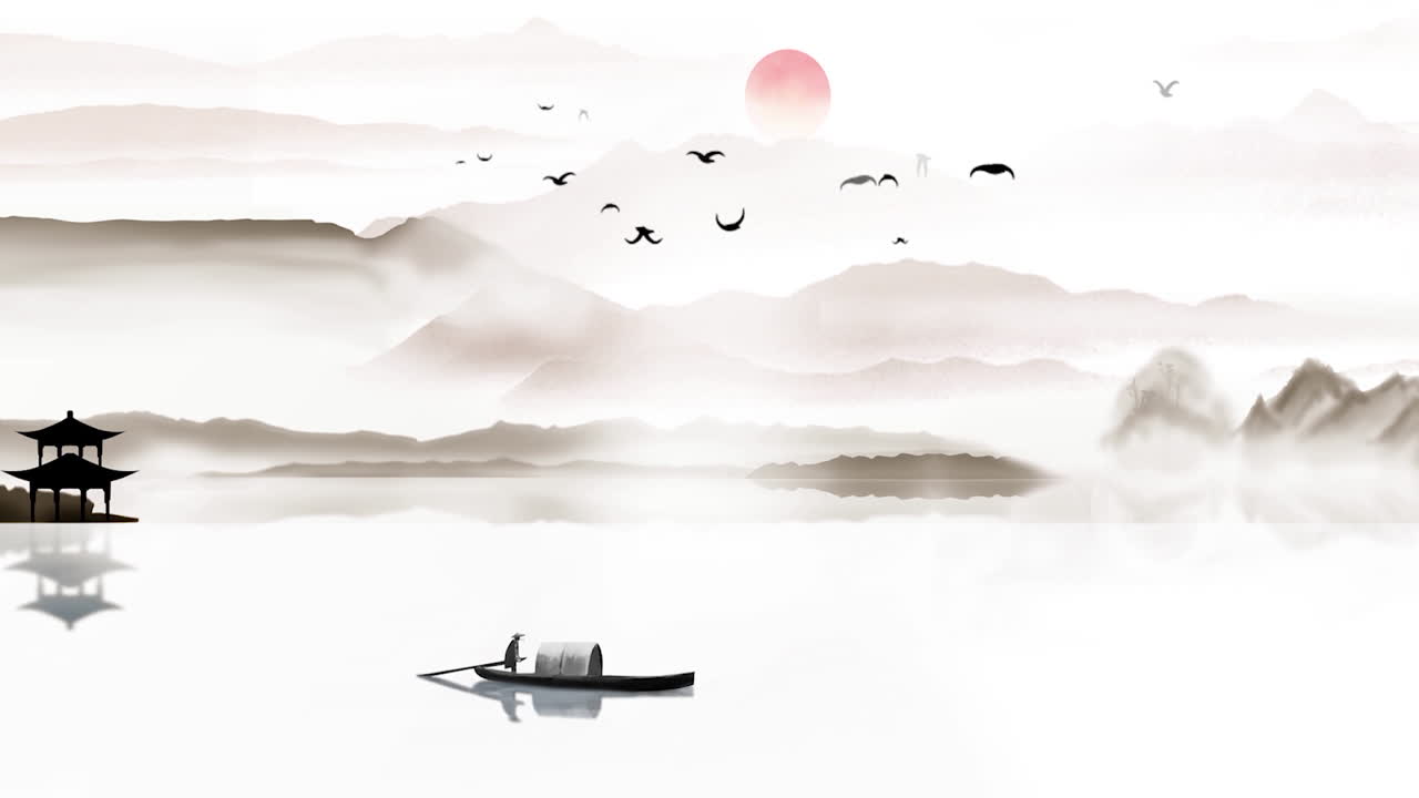 중국의 전통적인 동양 디지털 예술 애니메이션, 꽃, 나무, 새, 강과 함께 산에서 중국 그림 잉크 안개 배경 예술 작품