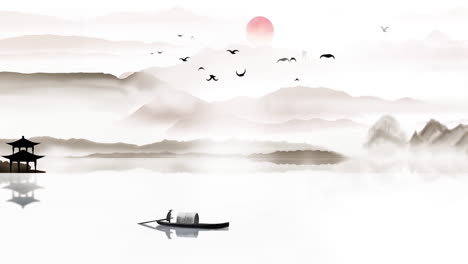 중국의 전통적인 동양 디지털 예술 애니메이션, 꽃, 나무, 새, 강과 함께 산에서 중국 그림 잉크 안개 배경 예술 작품