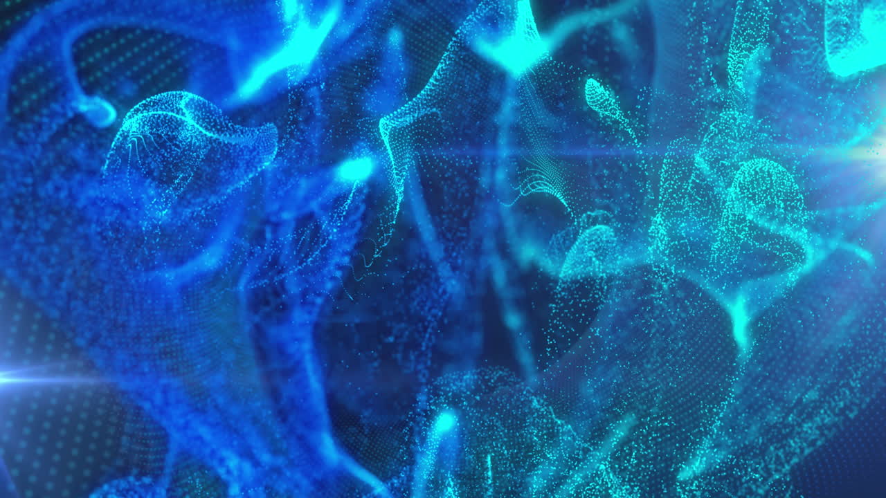 animación de formas de partículas azules brillantes y luces que se mueven sobre un fondo negro
