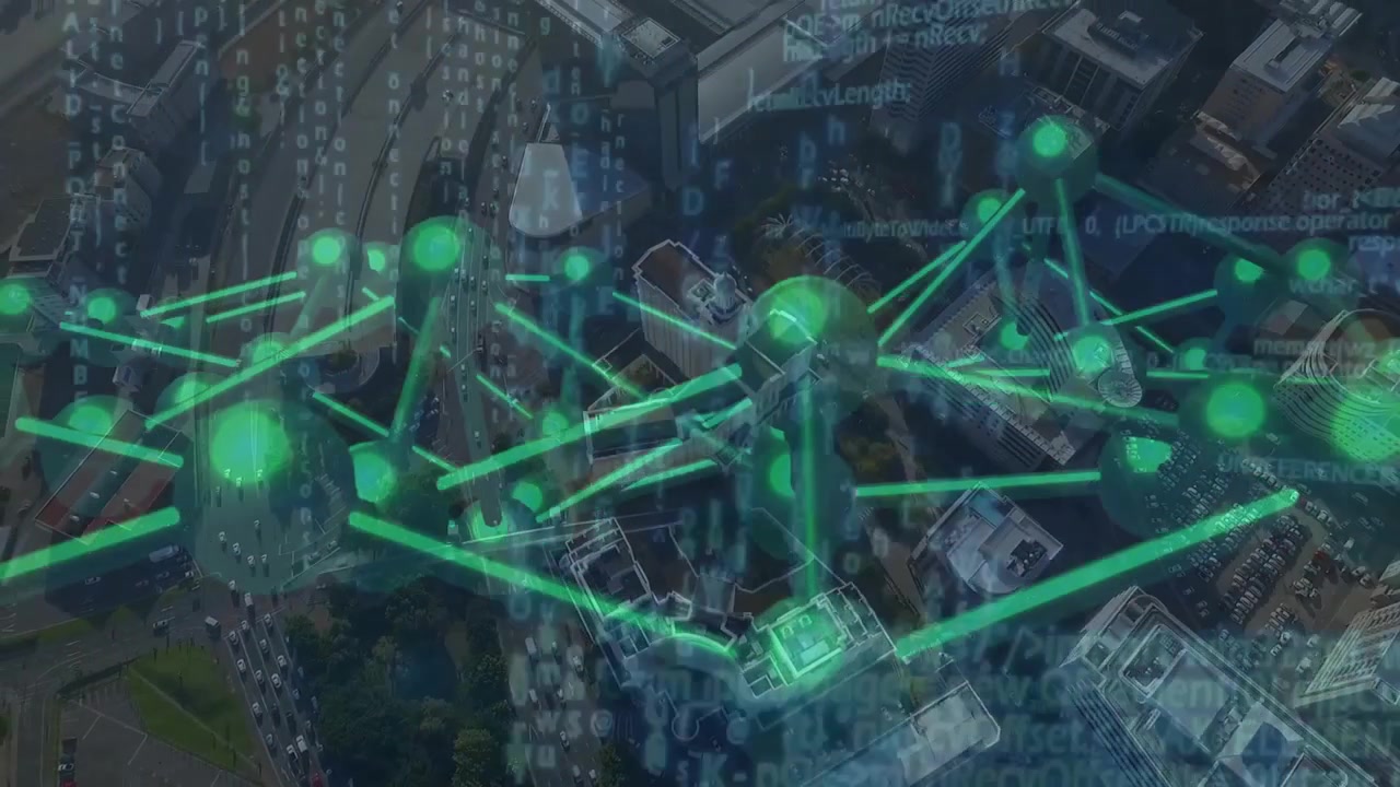 Opening aerial initiating digital network forming over cityscape, pulsing green nodes sending data
