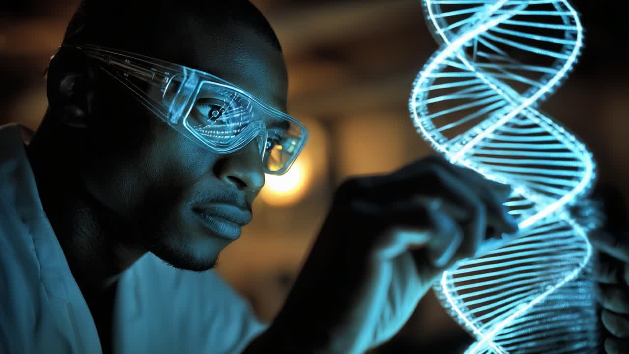 Innovative Scientist Conducting Genetic Research with Advanced DNA Model: A Glimpse into the Future of Biotechnology and Science, Focused on Precision and Discovery