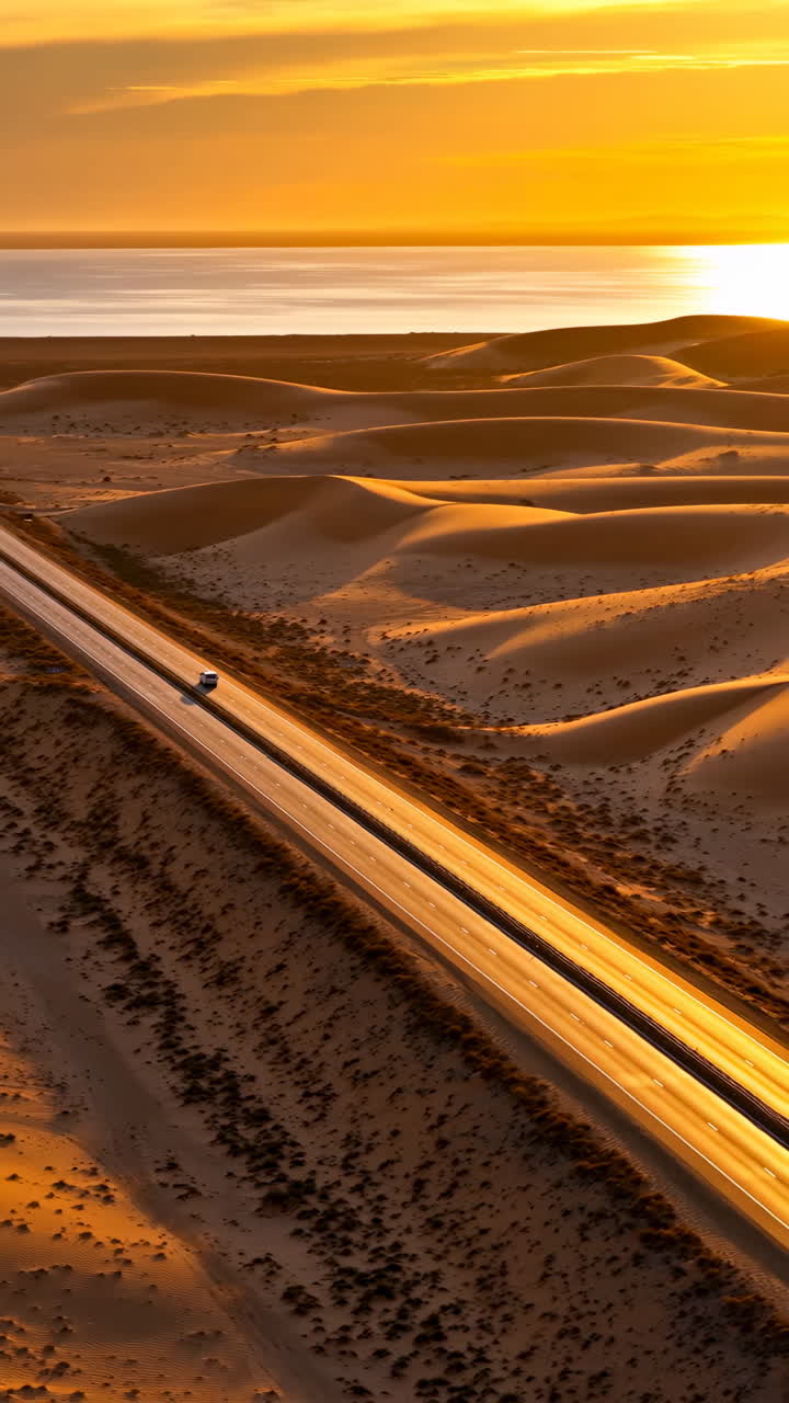 Desert Highway at Golden Hour with a Distant Horizon