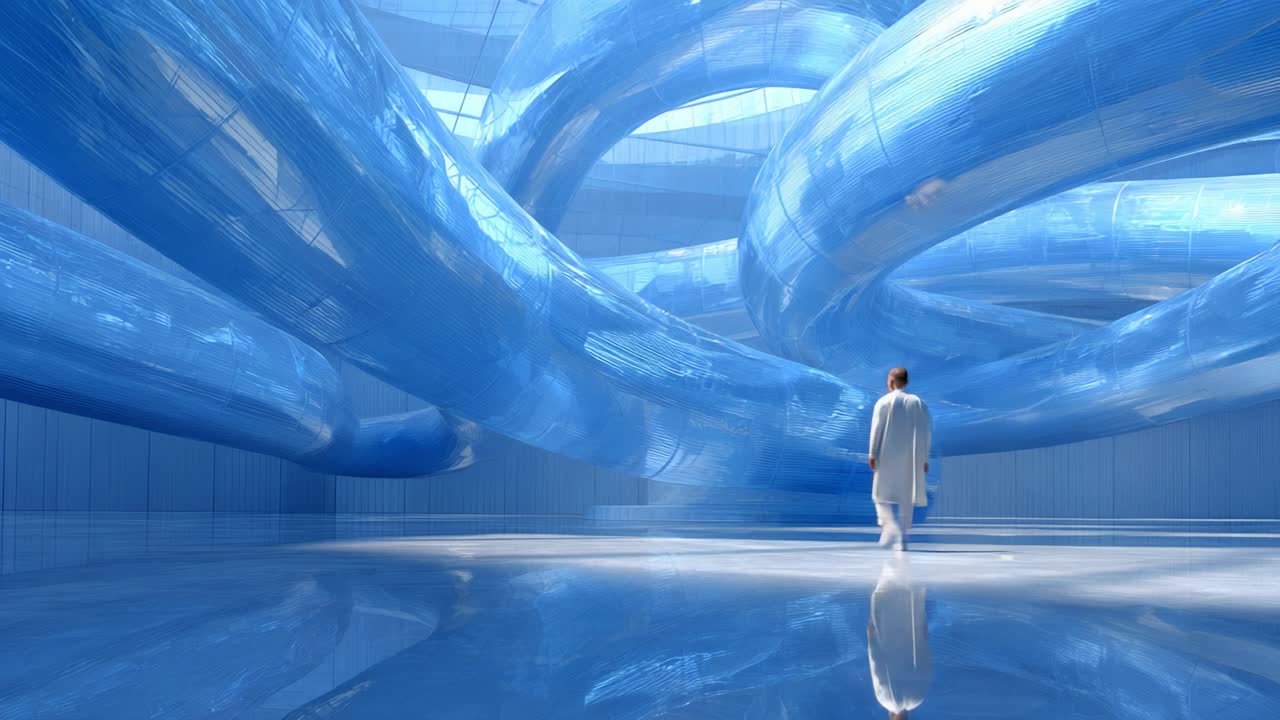 A solitary figure dressed in white explores an expansive and futuristic environment filled with twisting, transparent blue structures that create a surrealistic atmosphere of wonder and contemplation