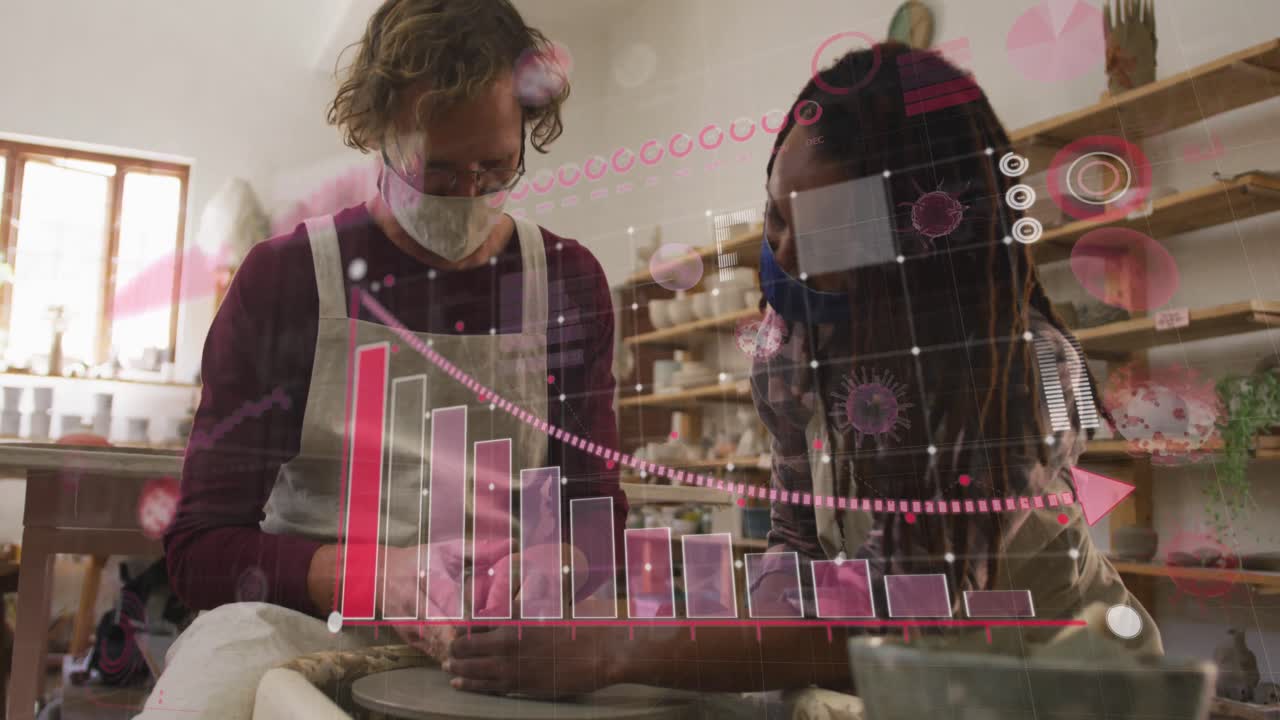 animación de células de covid-19 y estadísticas sobre hombres y mujeres en el estudio de cerámica con máscaras faciales