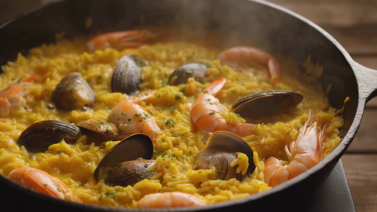 Primo piano di una padella fumante piena di riso giallo, gamberi, cozze ed erbe aromatiche su un tavolo di legno rustico, pronta per essere servita come pasto caldo