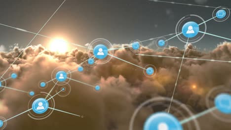 Animation-of-networks-of-connections-with-icons-over-clouds-and-sky