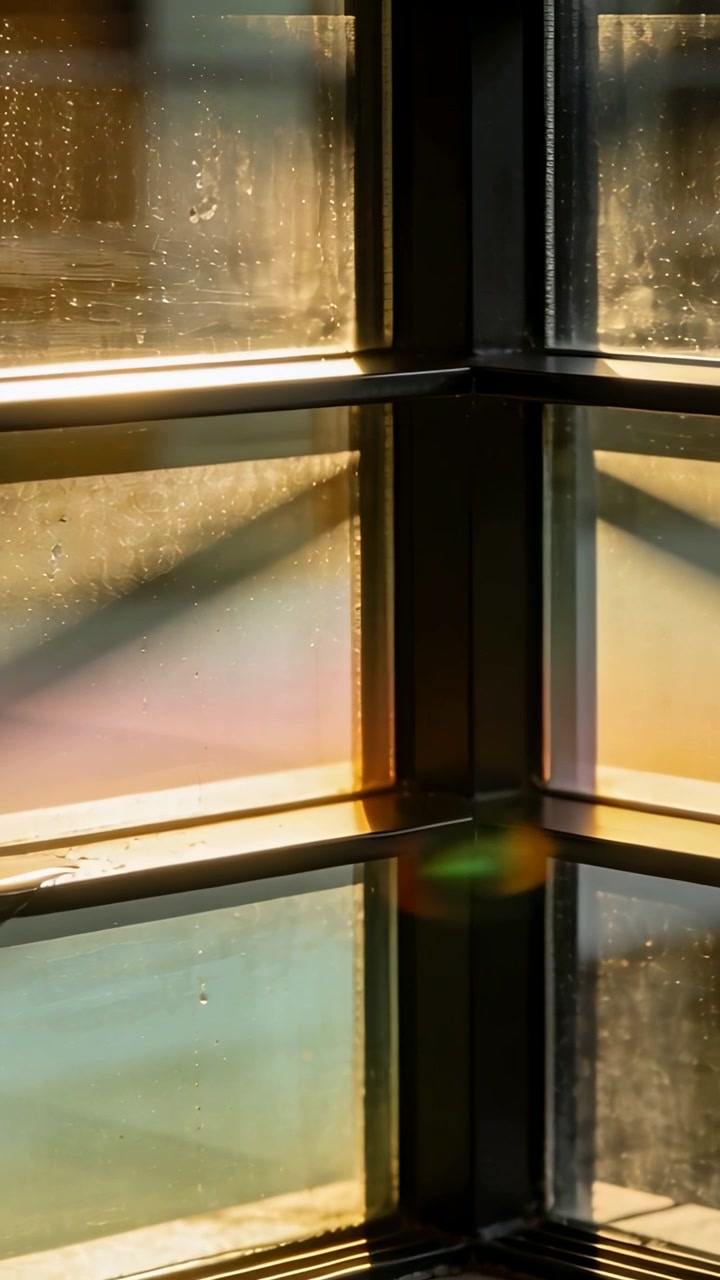Vertical video: Sunlight shifting causing corner window showing warm glow in room, drops and flare