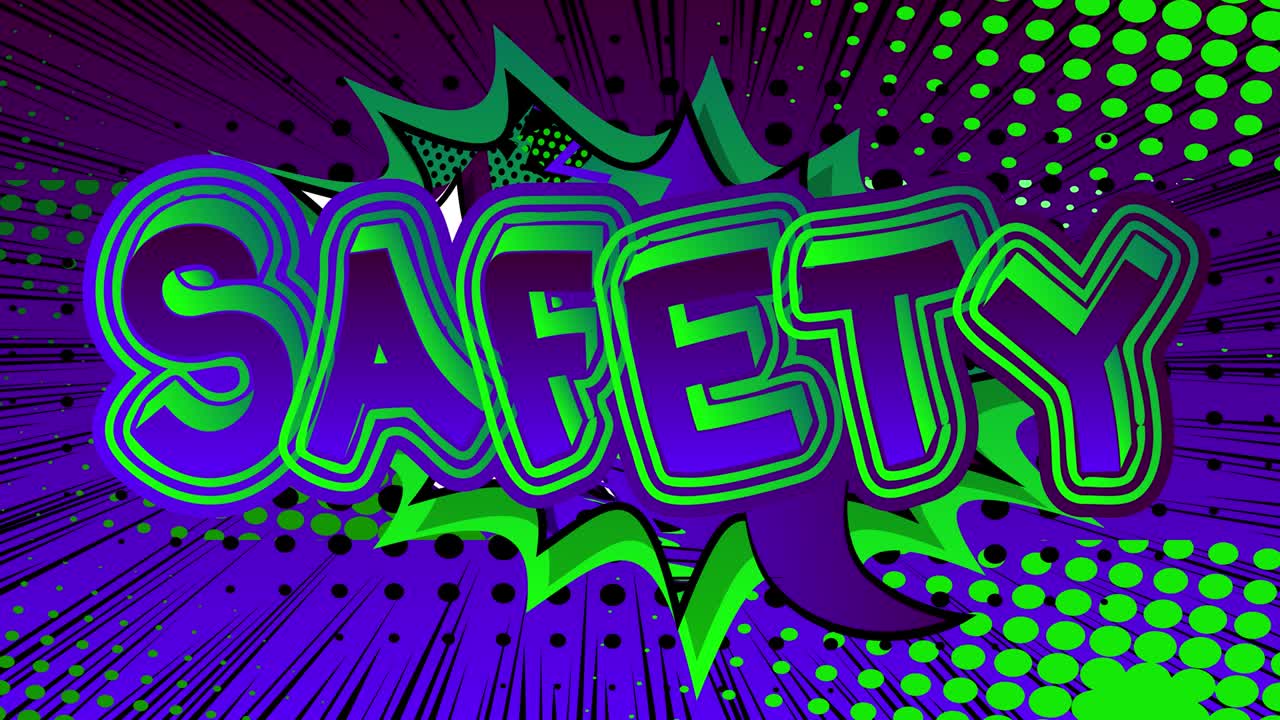 Safety. Motion poster. 4k animated Comic book word text moving.