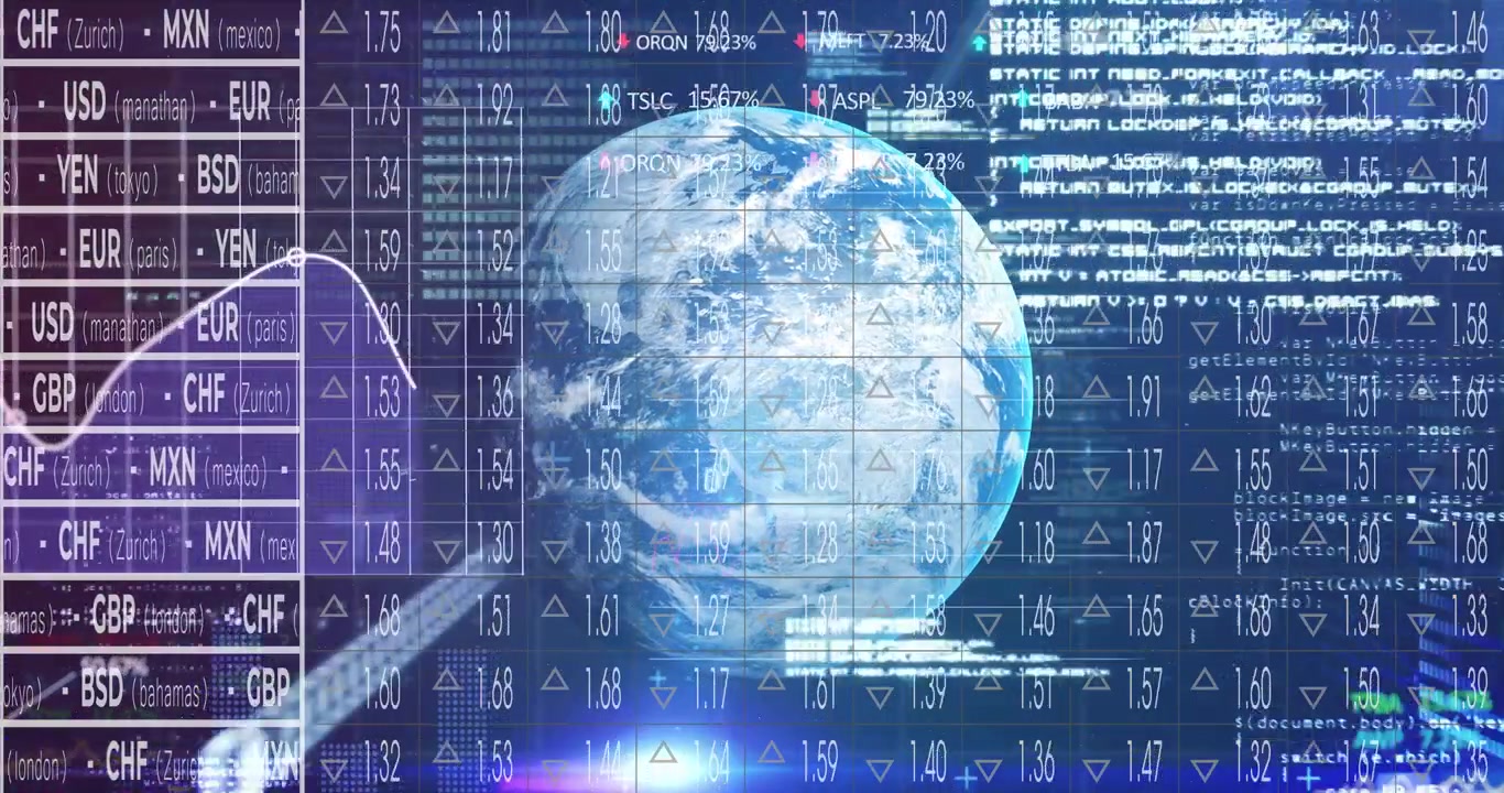 Left-right wipe starting while glass blue globe anchoring, tickers streaming, showing market shifts