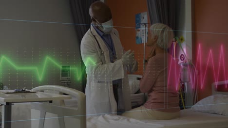 Animation-of-cardiograph-over-diverse-doctor-and-patient-at-hospital