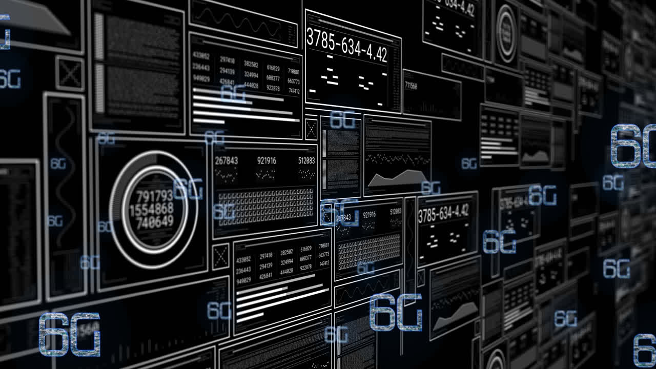 animación de texto de 6g y procesamiento de datos en fondo negro