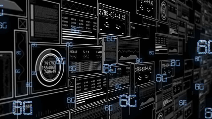 Animation af 6G-tekst og databehandling på sort baggrund