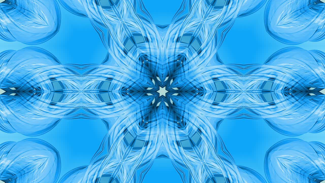 animación en bucle 3d, un fondo abstracto con cintas azules girando y formando estrellas o copos de nieve como con un efecto caleidoscópico.
