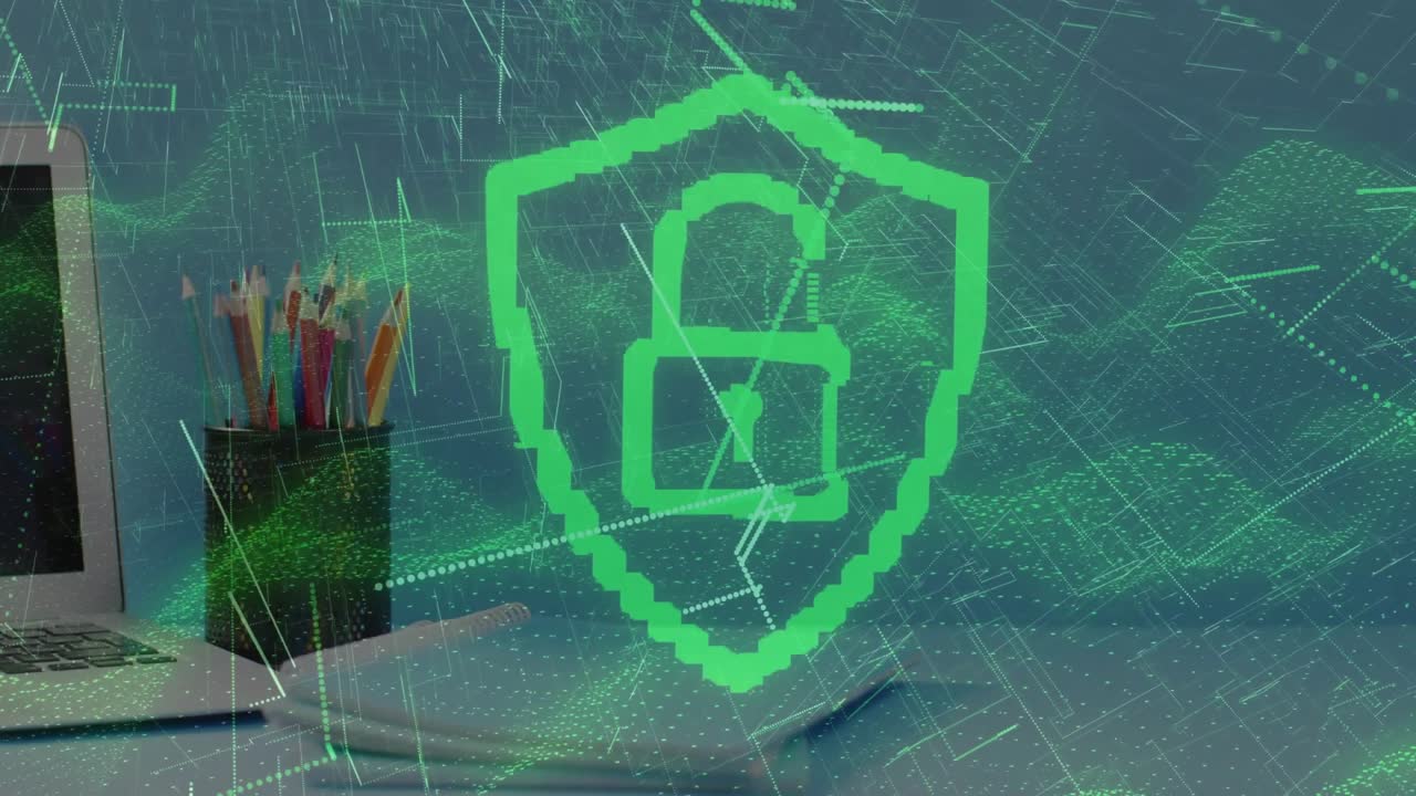 Data pulse starting holo, green shield and lock forming, pulsing, settling over desk for security