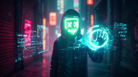 experience an exhilarating journey through a cyberpunk cityscape at night, illuminated by mesmerizing neon lights and vibrant facial effects