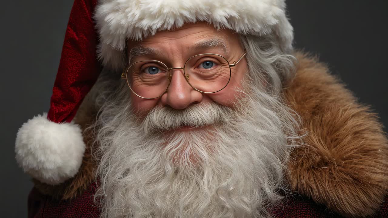 Facing camera, smiling senior Santa holding gaze in studio with glasses, beard, red hat, fur collar