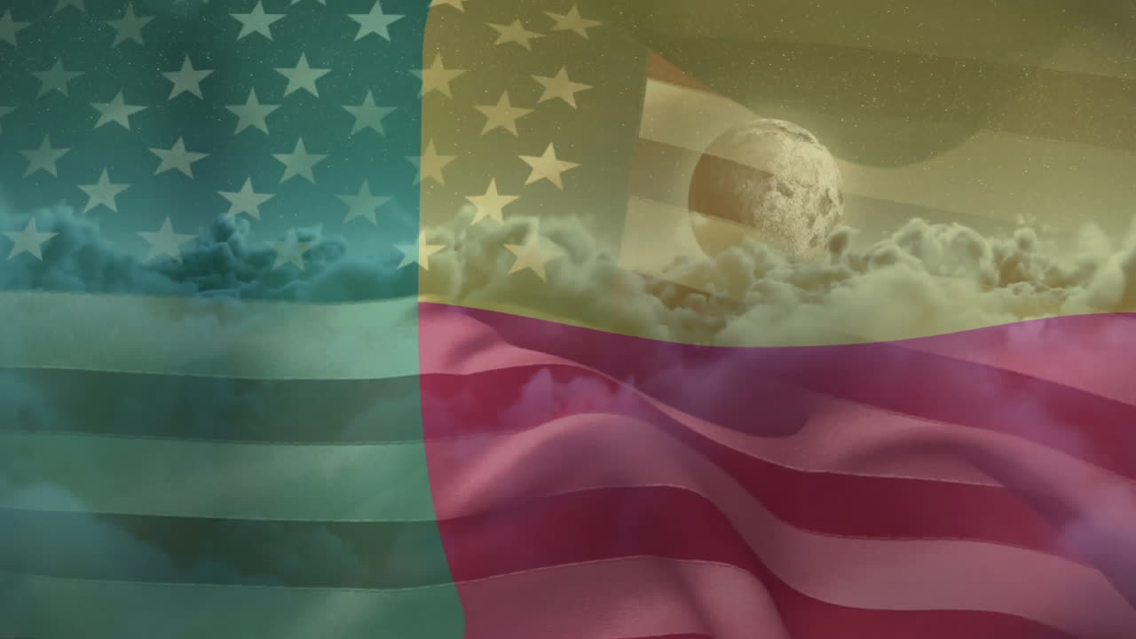 Flat design American flag waving over glowing clouds, cratered moon drifting among starry backdrop