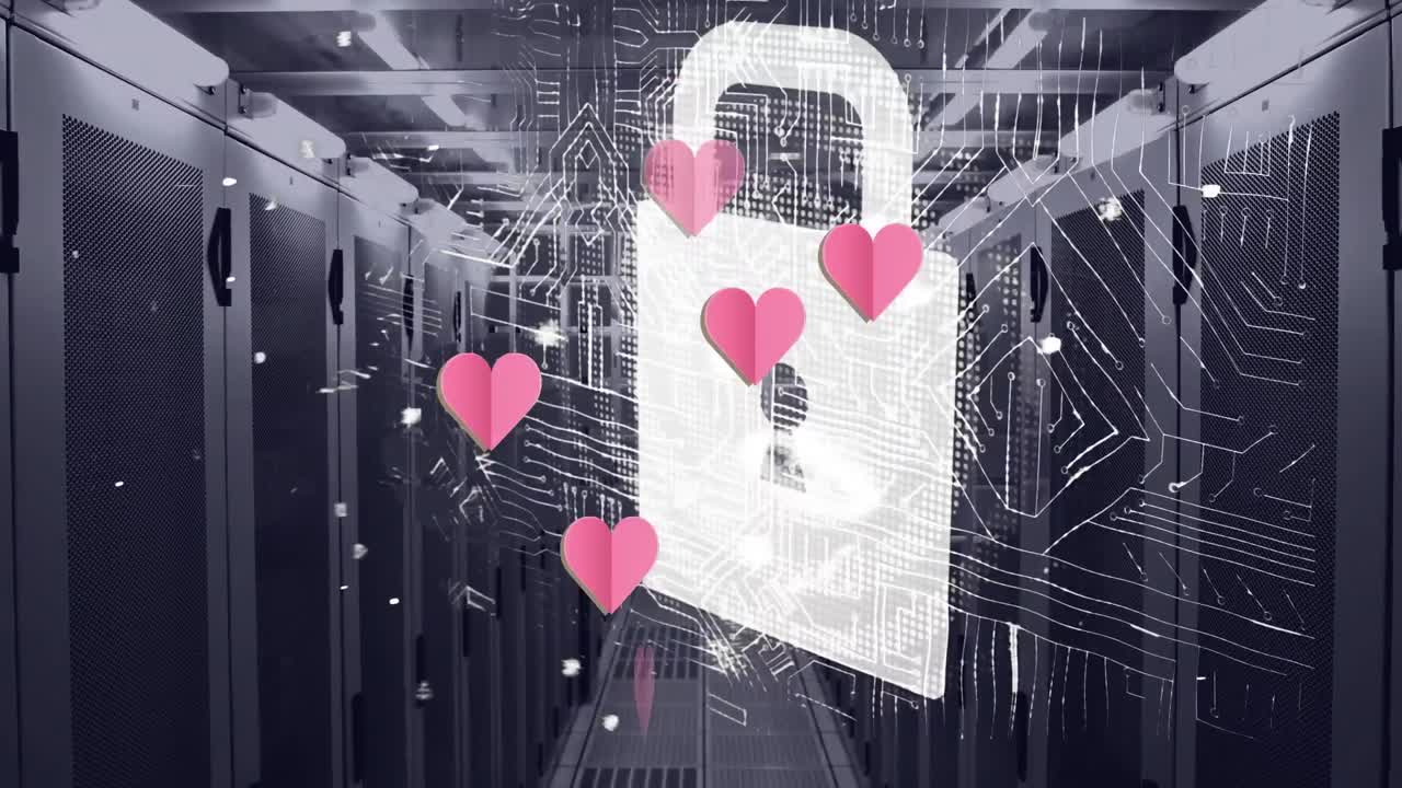 animación de iconos de corazón con letras y icono de candado sobre la placa de circuitos y la sala del servidor