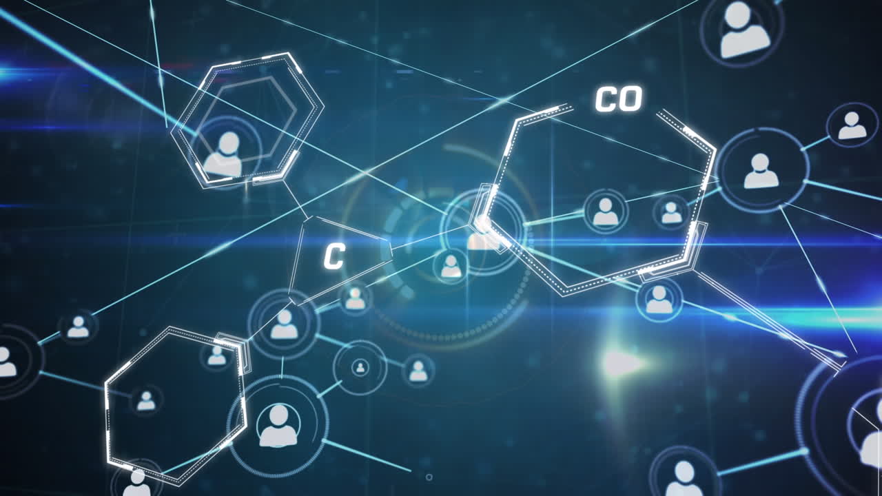 animación de la red de conexiones con iconos sobre fondo oscuro