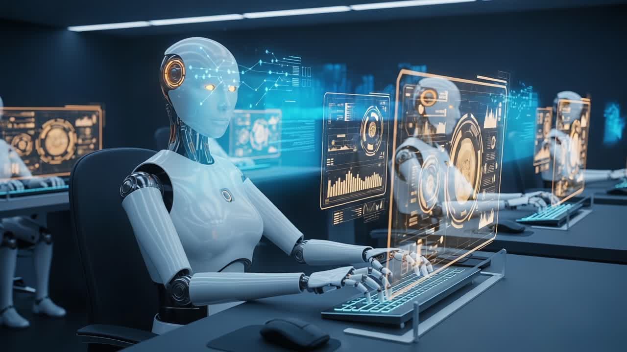 Futuristic Robots Engaged in Advanced Computing Operations in a High-Tech Environment Featuring Interactive Holographic Displays and Data Analysis