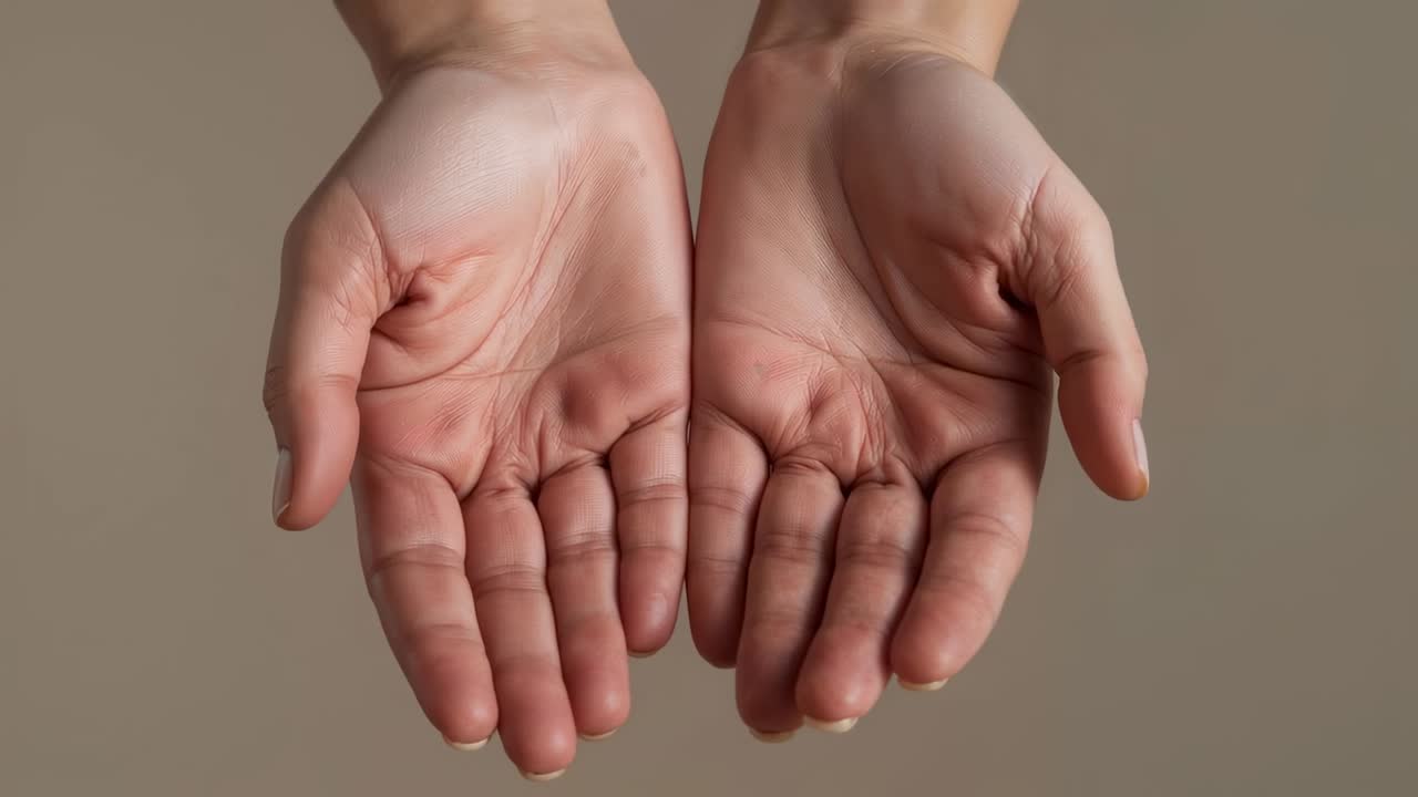 Settling pair of human palms responding to frame sequence at plain beige backdrop, showing creases