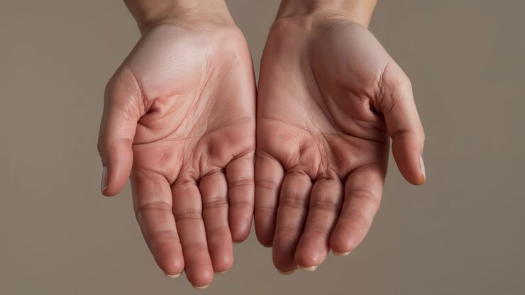 Un couple de paumes humaines se posant et réagissant à une séquence d’images sur un fond beige uni, montrant les plis