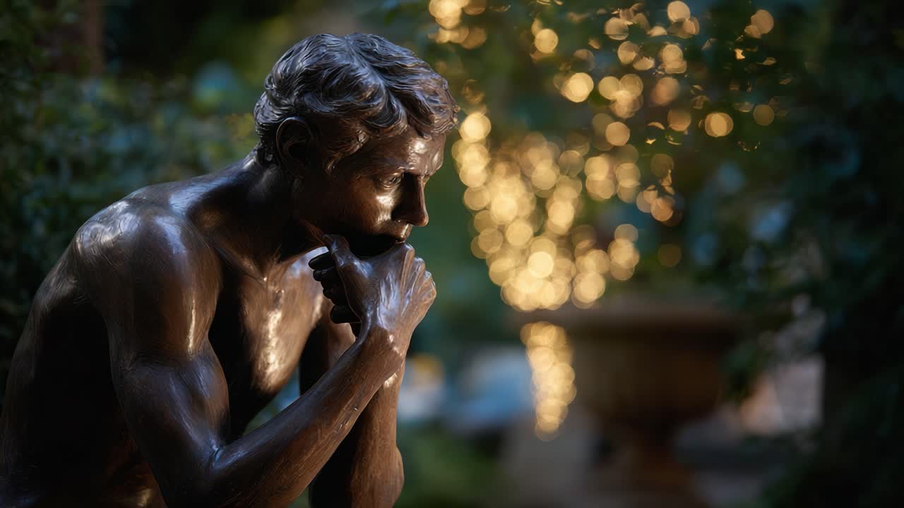 Thoughtful Bronze Sculpture in Garden Ambient Light: A contemplative figure highlights artistry and emotion, surrounded by soft glowing bokeh in a peaceful setting