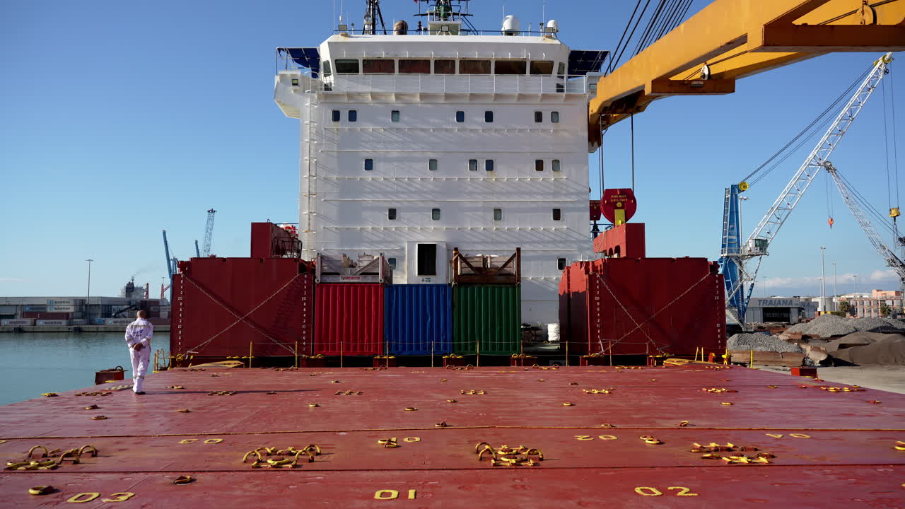 Un lavoratore cammina sul ponte di una nave mercantile con container e gru nel porto.