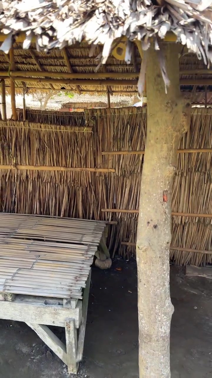 Capanna tradizionale in bambù con tetto di paglia in un ambiente rurale