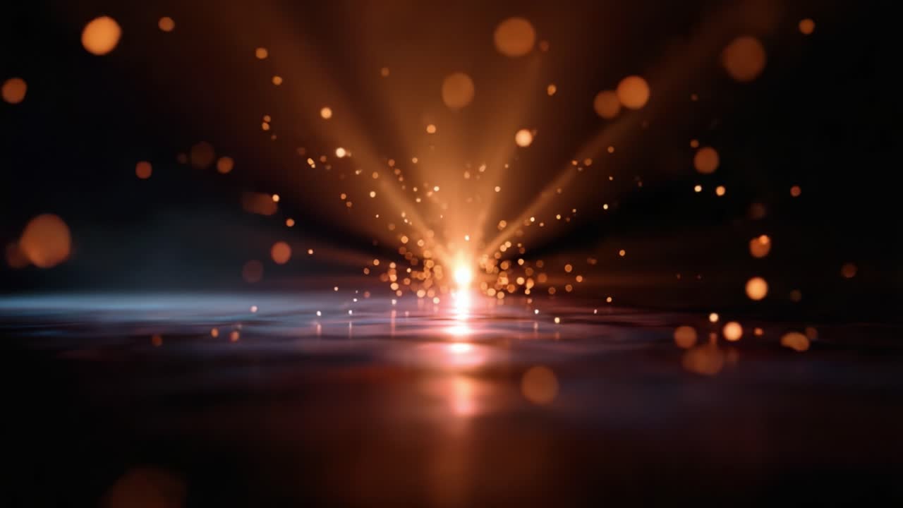Un’esplosione ipnotica di luce e particelle che illumina una superficie tranquilla, mettendo in mostra riflessi straordinari e un vivido spettacolo di colore e movimento in una scena astratta