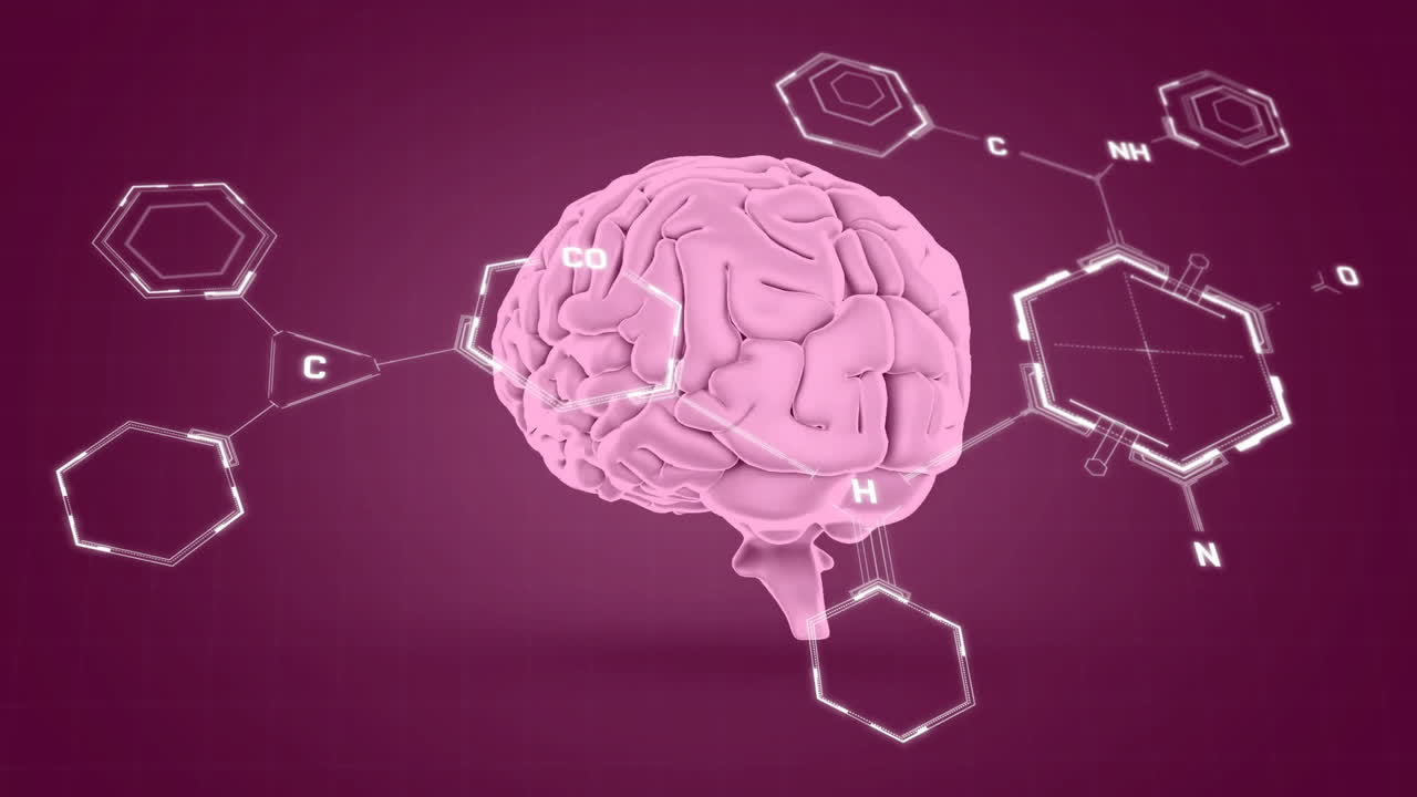 animación de la fórmula química sobre el cerebro digital en fondo púrpura