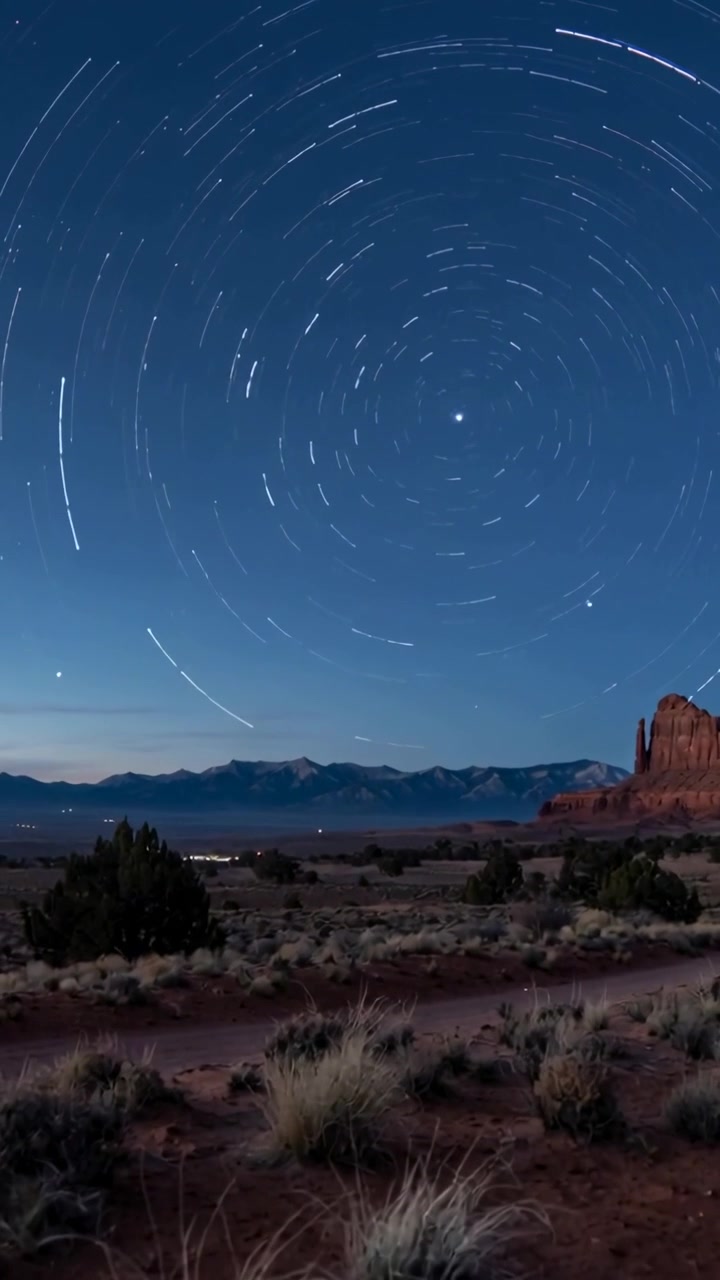 Vertical video: Recording star trails rotating with Earth spinning over desert at night, red butte