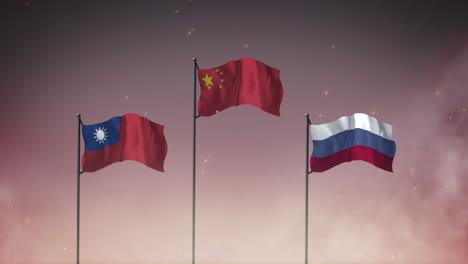 animación de tres banderas de taiwán, china y rusia en los postes contra el cielo nublado por la noche