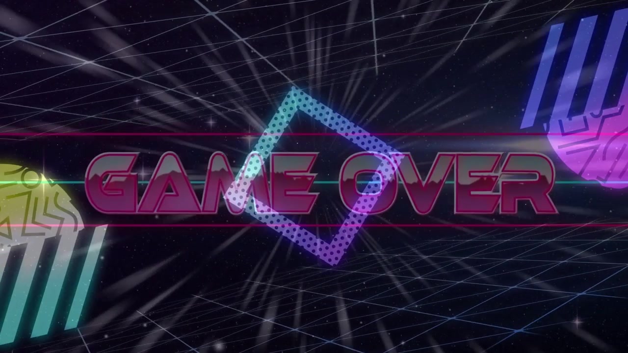 Screen opening sending GAME OVER text sliding diagonal, rotating, centering, announcing arcade end