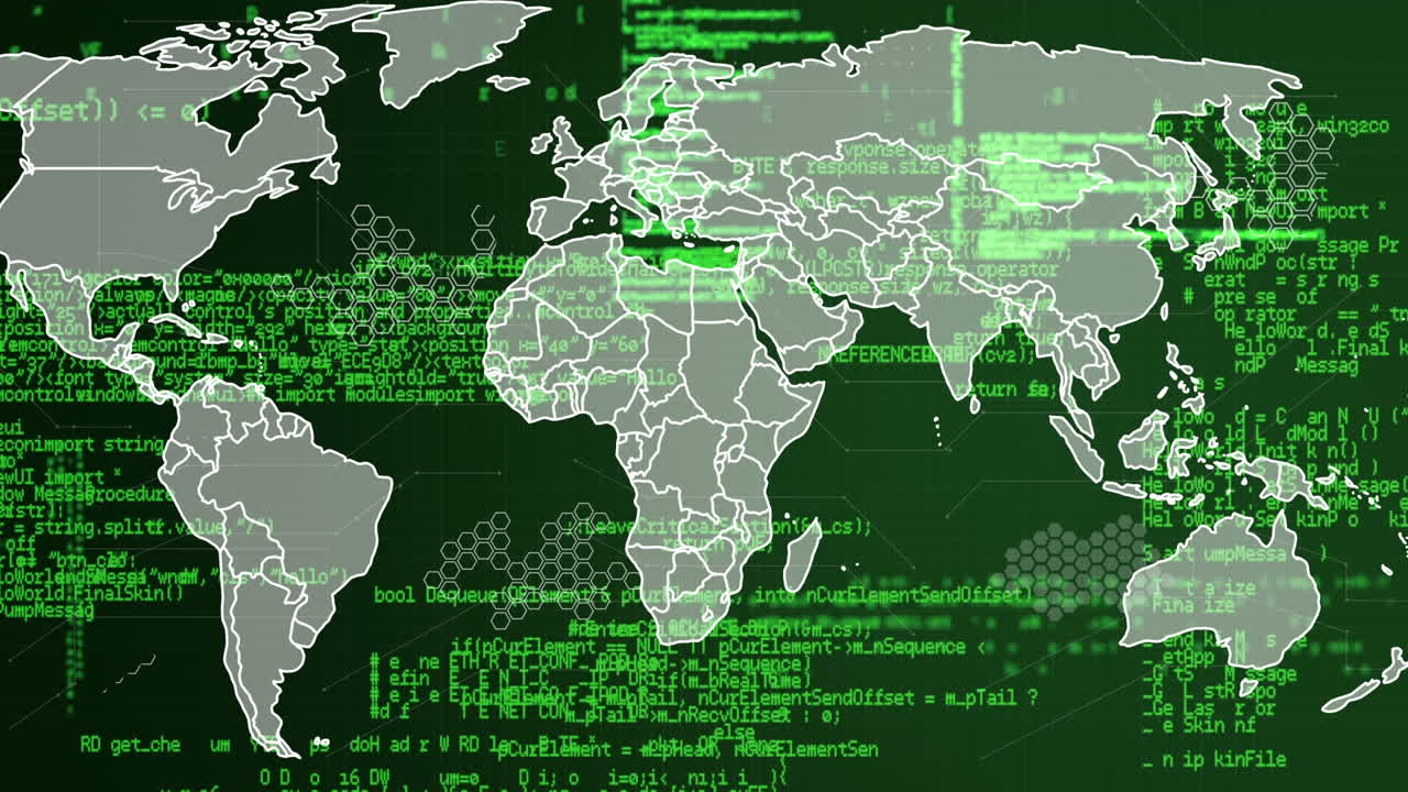 animación del mapa del mundo y procesamiento de datos sobre fondo negro