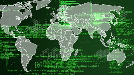 Animation of world map and data processing over black background
