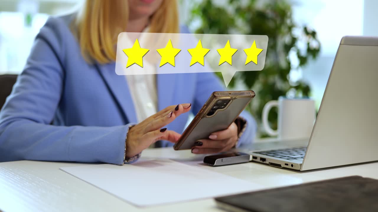Young woman uses smartphone to give a 5-star rating to service experience. Customer review good rating feedback concept