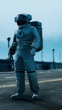 astronaut in space suit on the road bridge