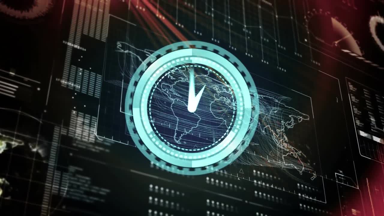 Animation of scope scanning with clock over data processing on black background