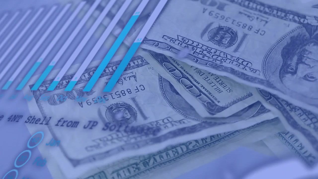 Código azul borrado começando, notas de dólar americano flutuando e empilhando enquanto barras deslizam, mostrando crescimento