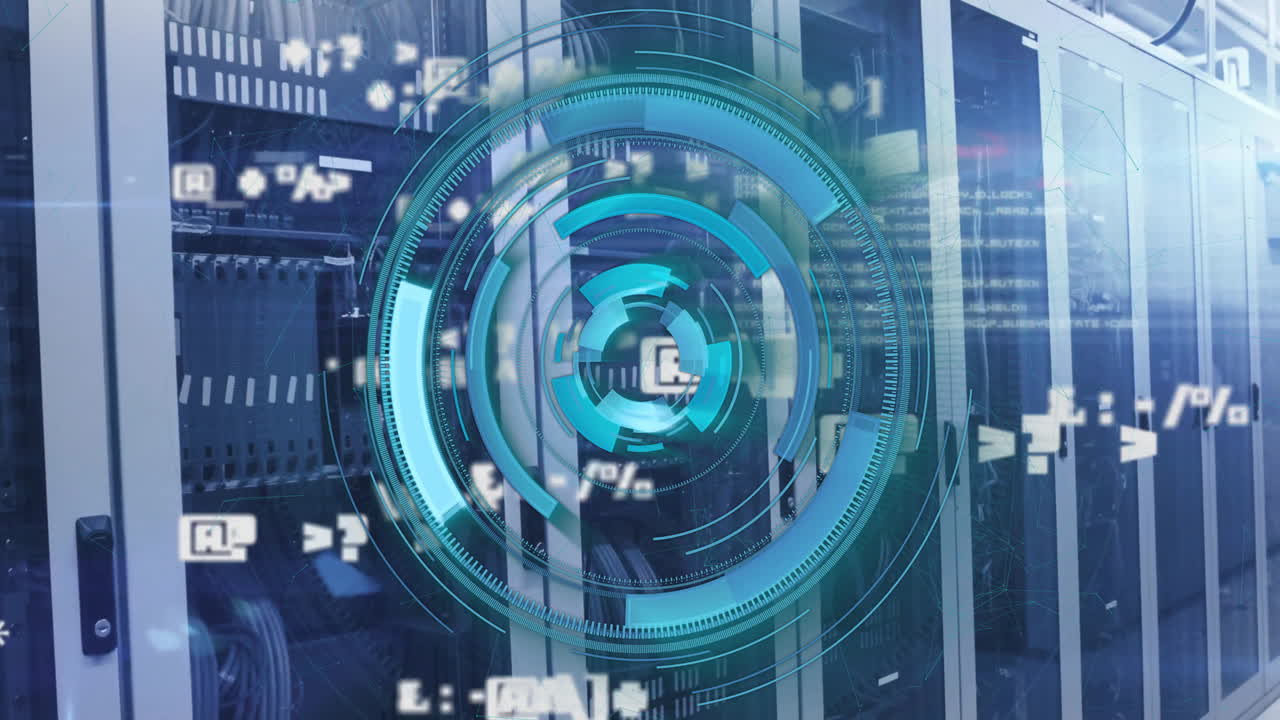 animación del procesamiento de datos y el alcance a través de servidores informáticos