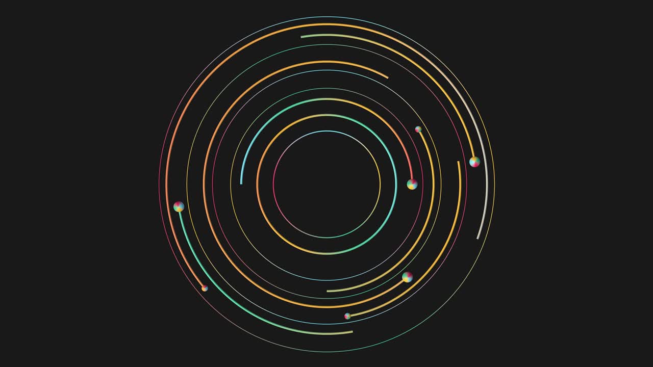 파란색, 녹색, 빨간색, 노란색 원과 공, 추상 애니메이션, 3d 렌더링